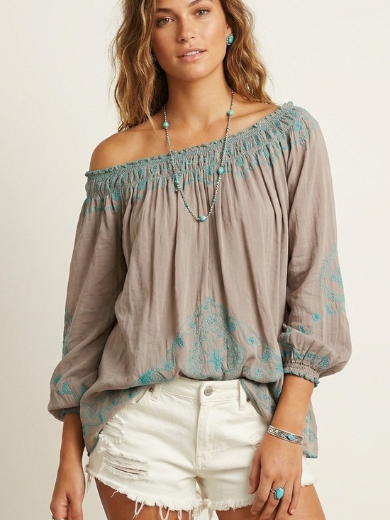 Poupette St. Barth Tops - Poupette St. Barth Embroidered Off Shoulder Blouse Boho Beachy Resort Gray M